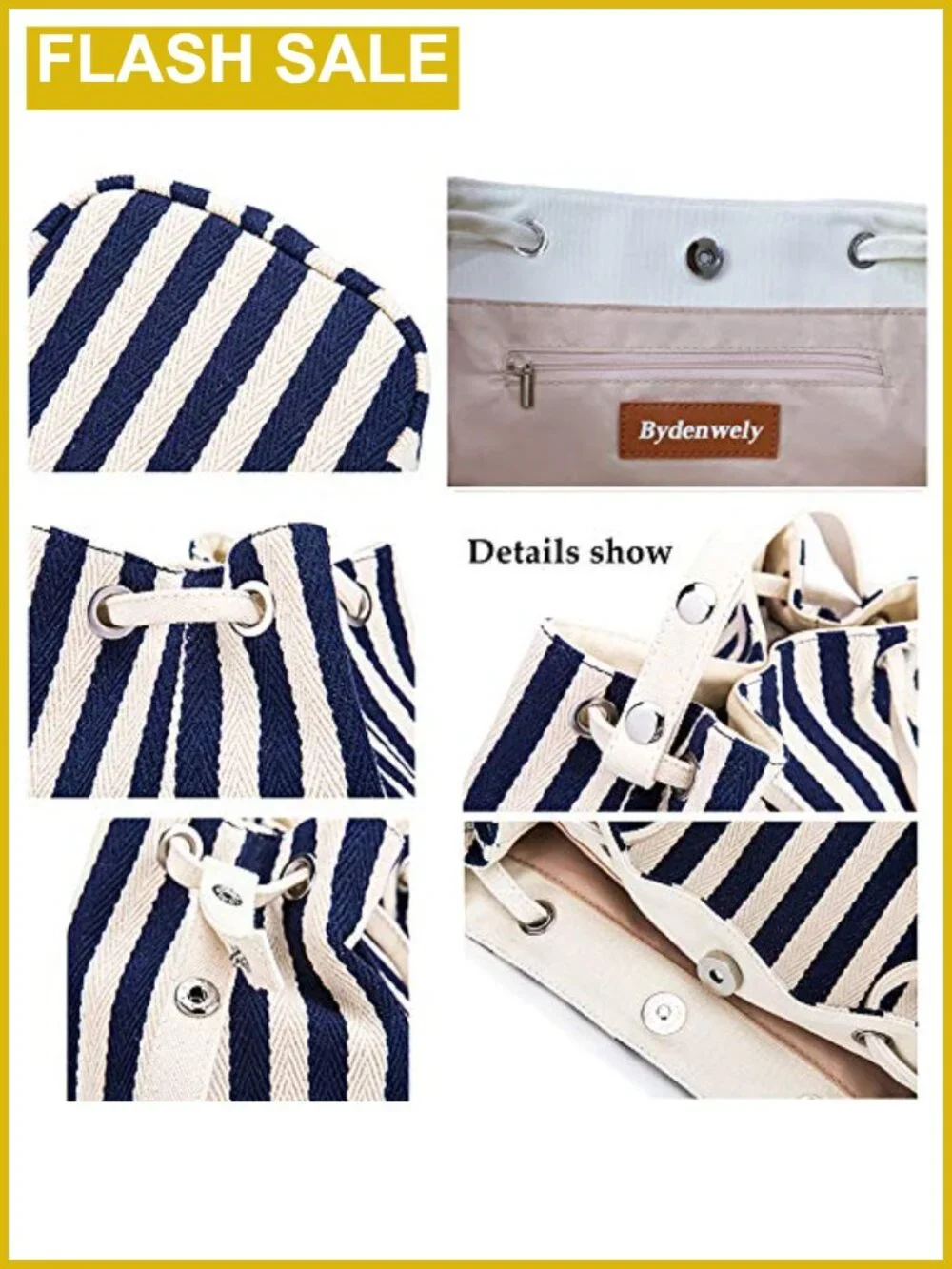 Canvas Striped Hobo Tote Bag with Adjustable Straps, Magnetic Closure, Work